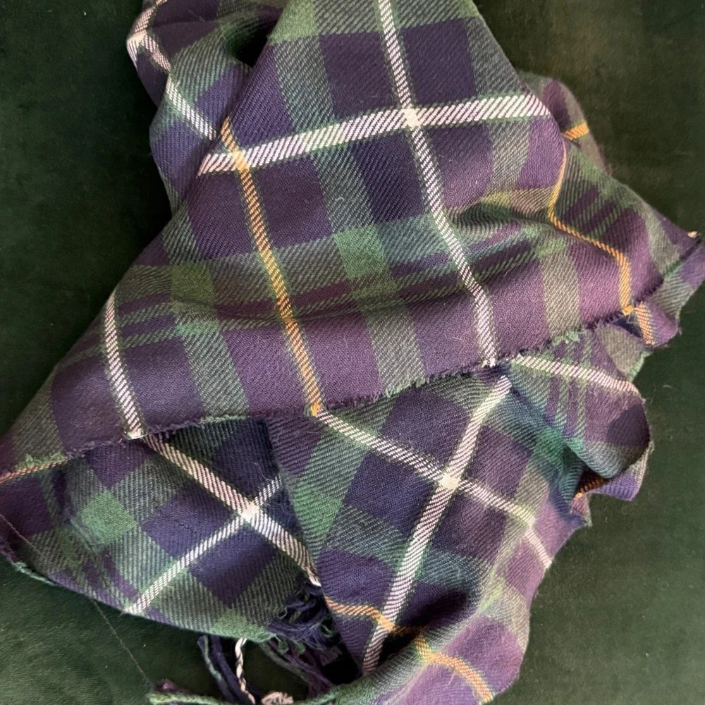 100% Cashmere Plaid Scarf Green Blue Yellow Fringe 12x66